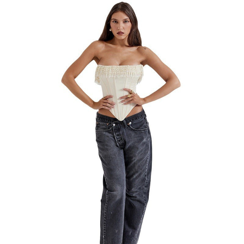 Color Sexy Pearl Tube Sleeveless Fishbone Tops
