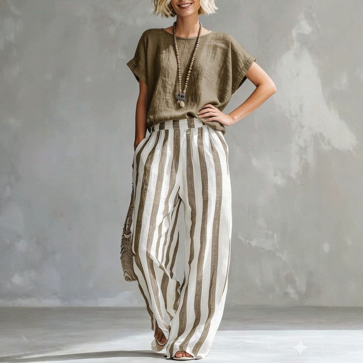 Women's Round Neck Straight Striped Trousers Fashion Casual Suit