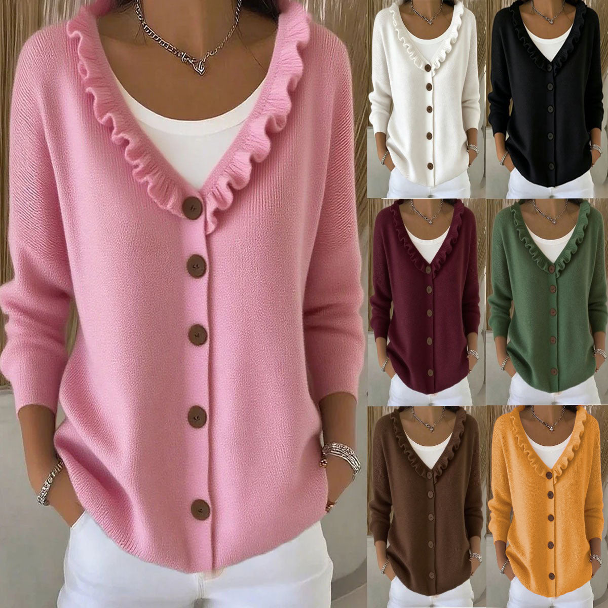 Wooden Ear Knitted Button Solid Color Sweater