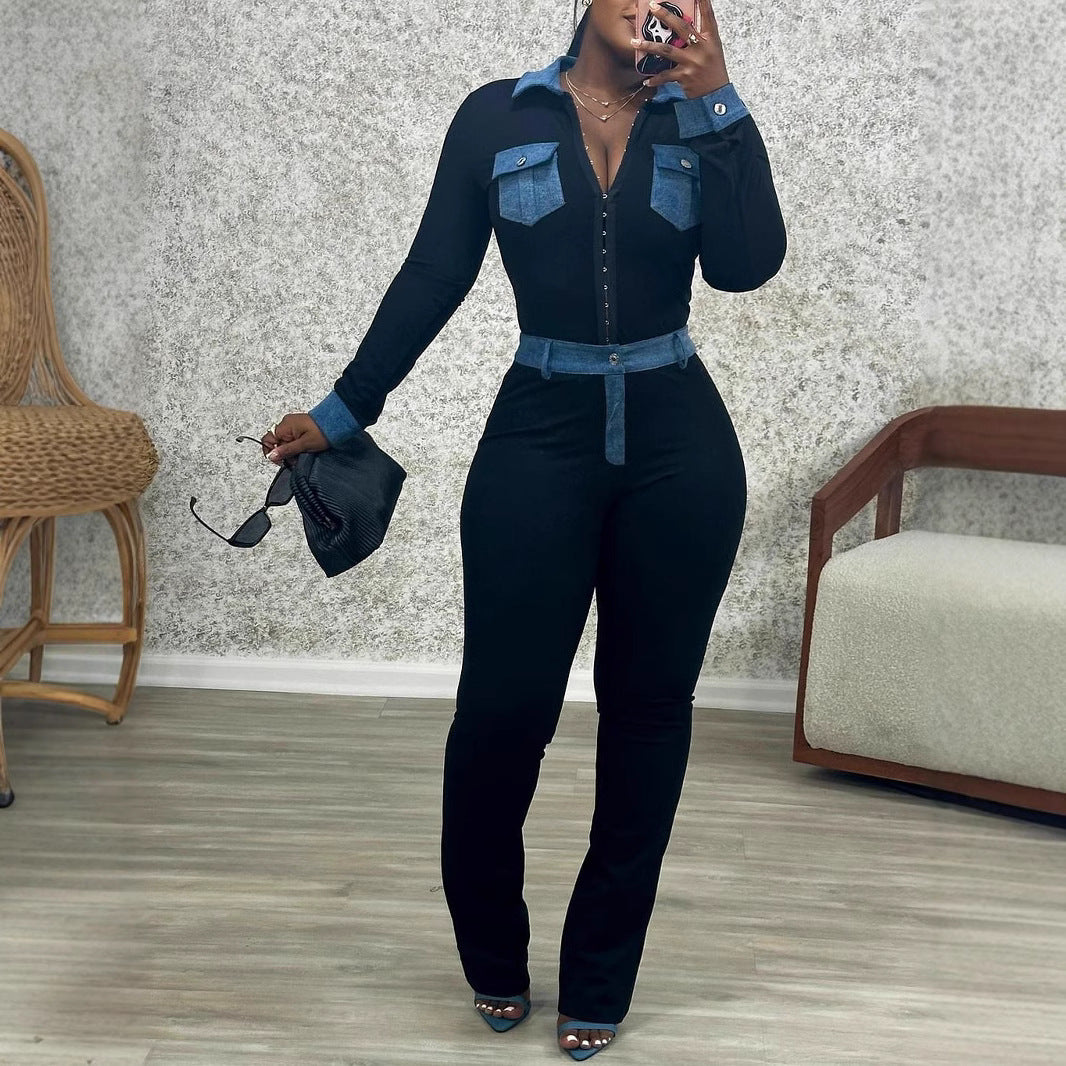 Women's Fashion Denim Stitching Sexy High Waist Suits