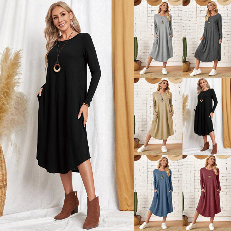 Women's Solid Color Knitted Side Seam Straight Pocket Curved Hem Dress