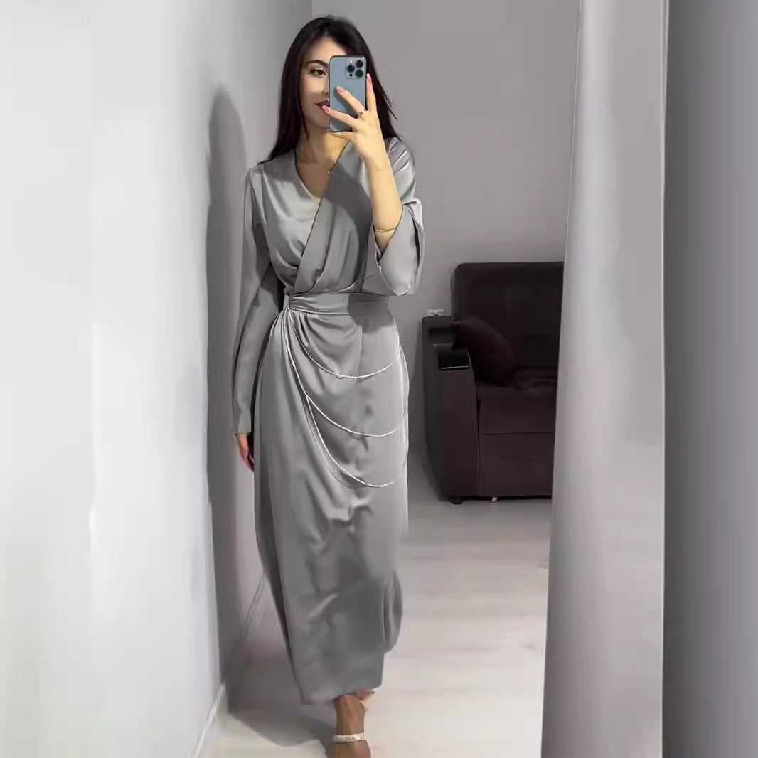 Women's Autumn Dress Elegant Long Waist Chain Dresses