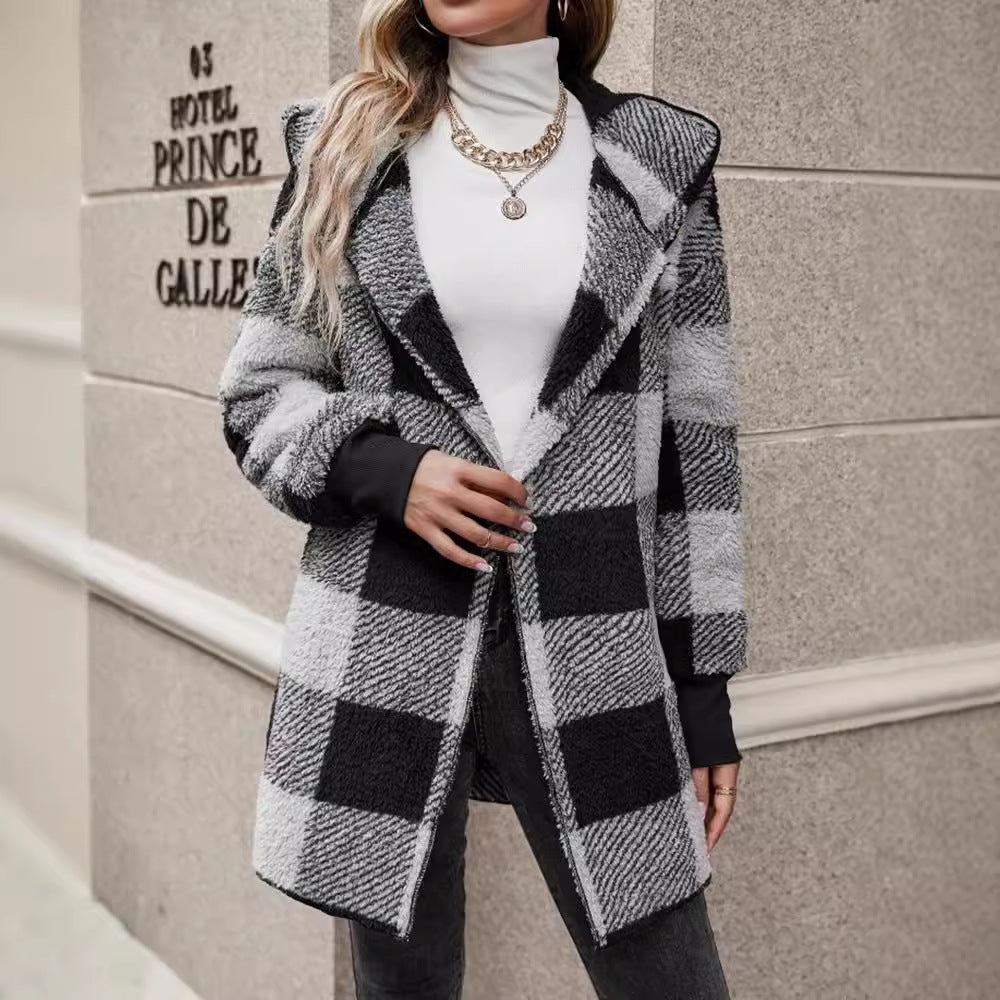 Women's Loose Plaid Color Stitching Knitted Fashion Coats