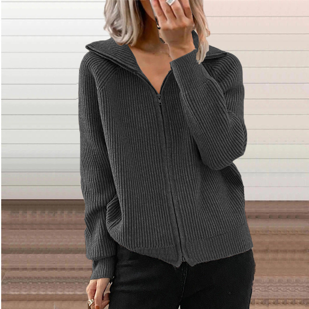 Women's Striped Casual Loose Zipper Long Sleeve Lapel Cardigans
