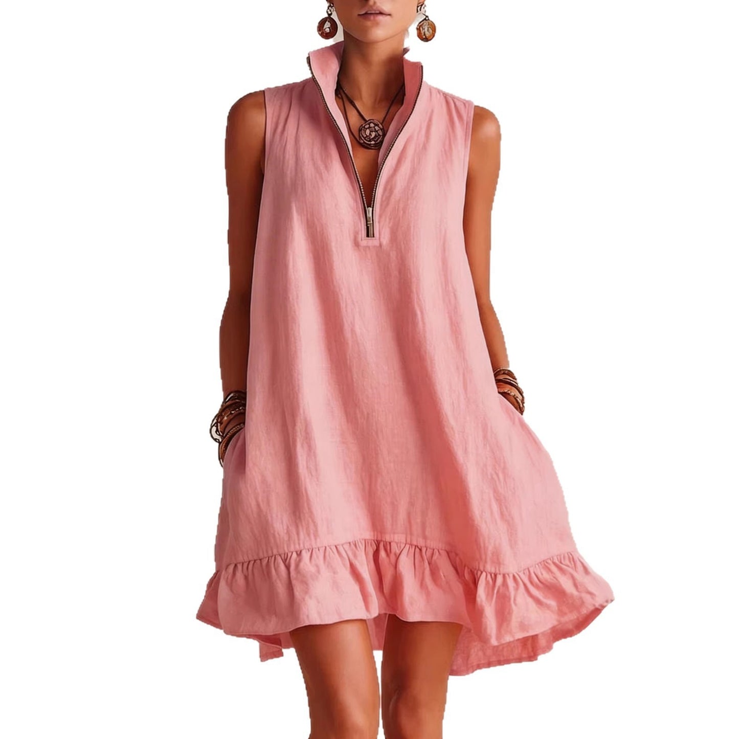 Women's Casual Loose Lotus Leaf Half Zip Dress