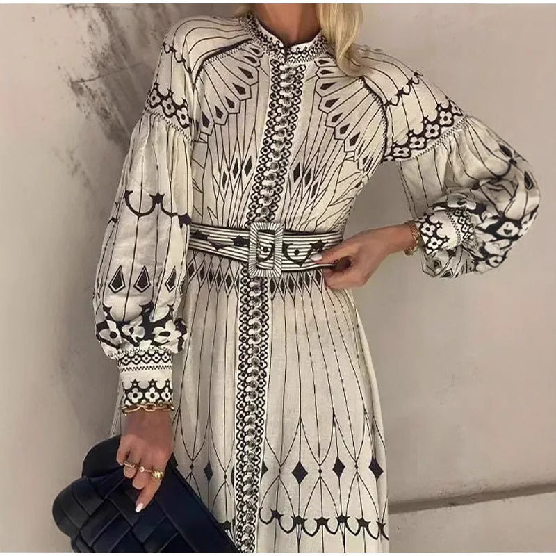 Women's Style Elegant Long-sleeved Printed Large Swing Dresses