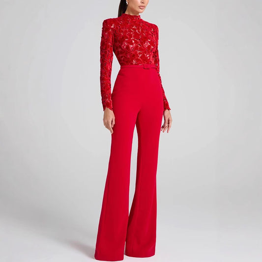 Sleeve Belt One-piece Bell-bottom Casual Loose Jumpsuits