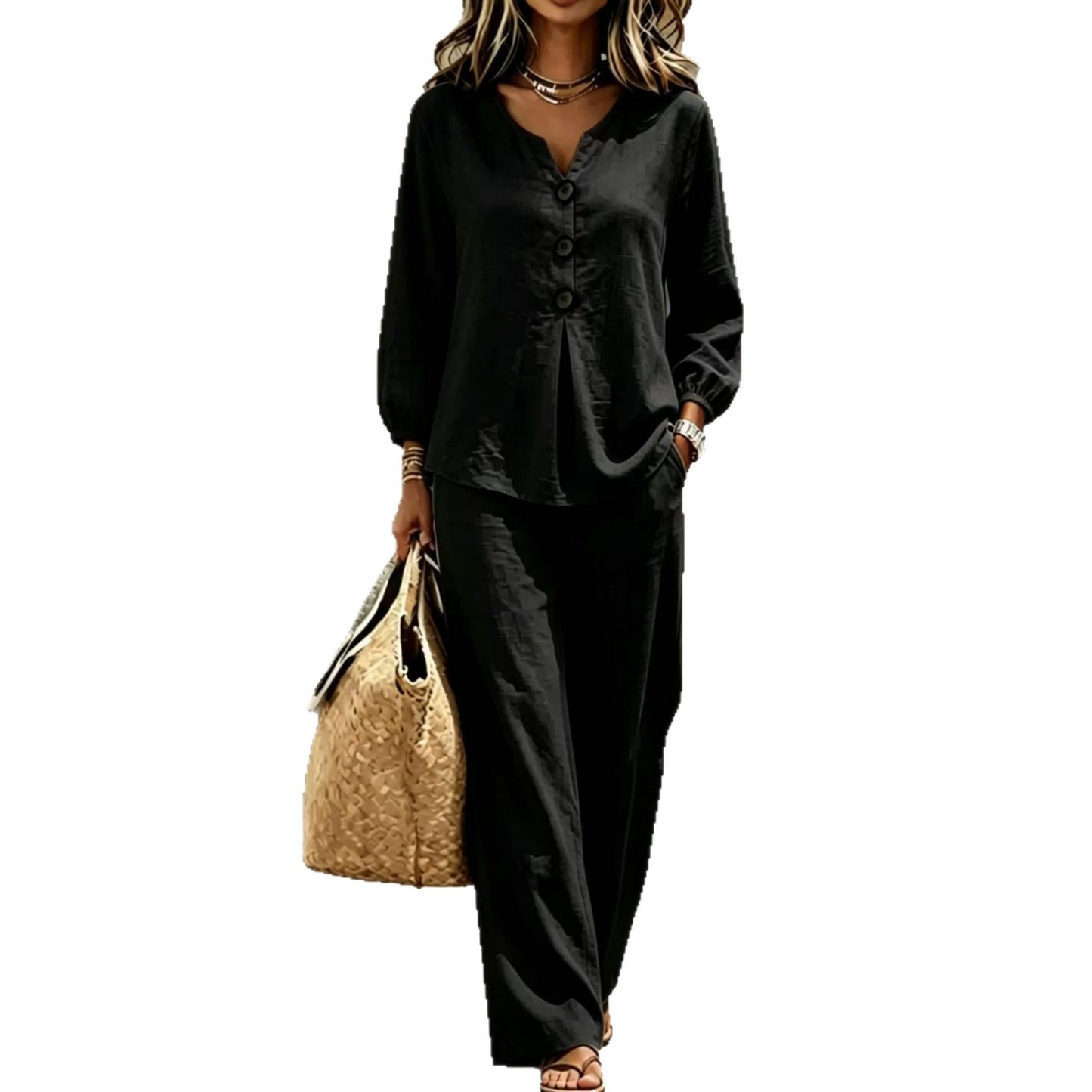 Women's Button Flounce Long Sleeve Trousers Two-piece Fashion Casual Suit