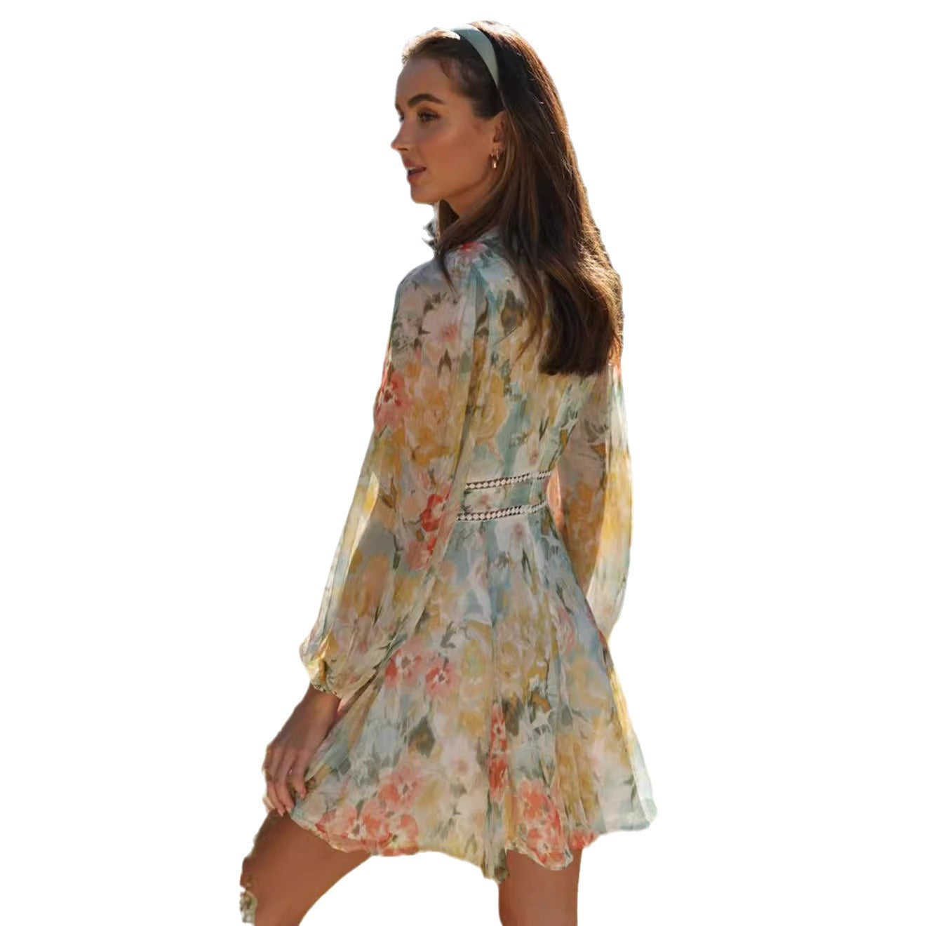 Women's Puff Sleeve Lace Stitching Big Swing Dresses