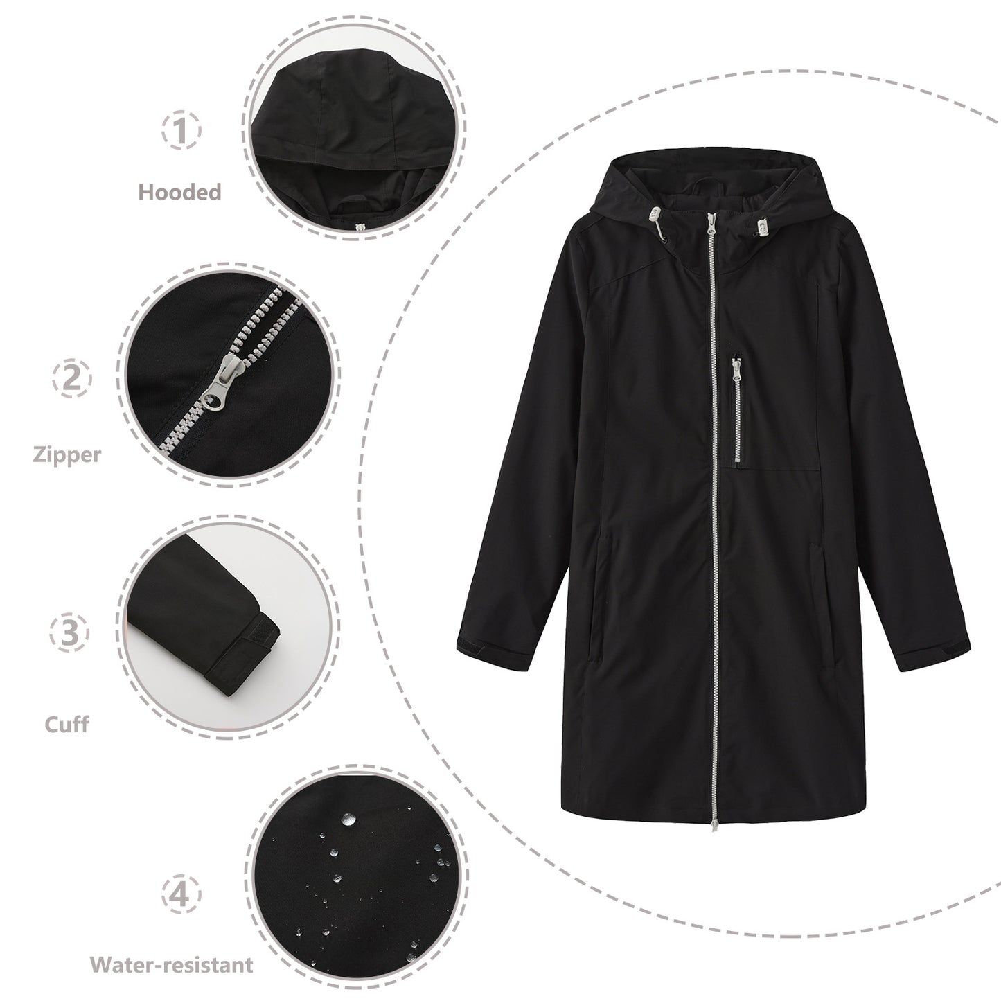 Women's Waterproof Windbreaker Hooded Long Sleeve Loose Coats