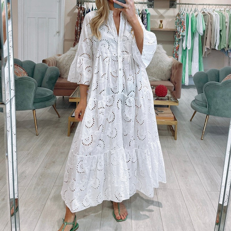 Women's Style Bell Sleeve Lace Solid Color Sexy Long Dresses