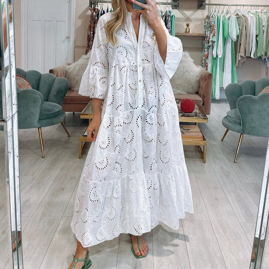 Women's Style Bell Sleeve Lace Solid Color Sexy Long Dresses