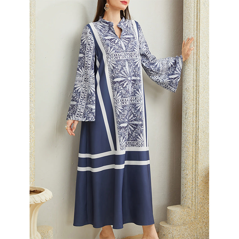 Women's Patchwork Contrast Color Retro Pattern Robe Dress