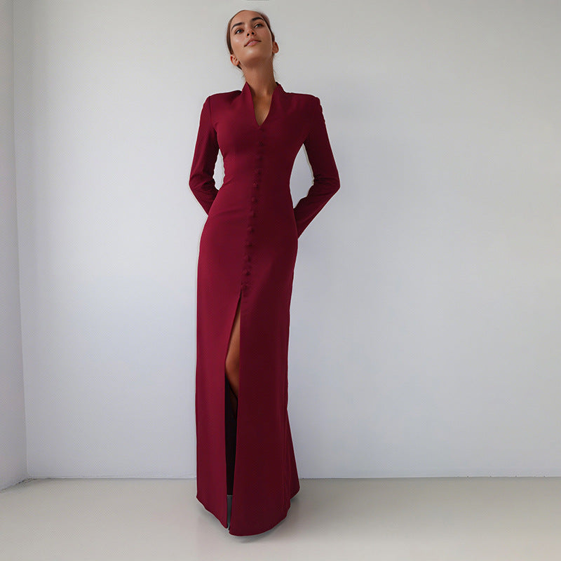 Autumn French Style Temperament Solid Color High Waist Dresses