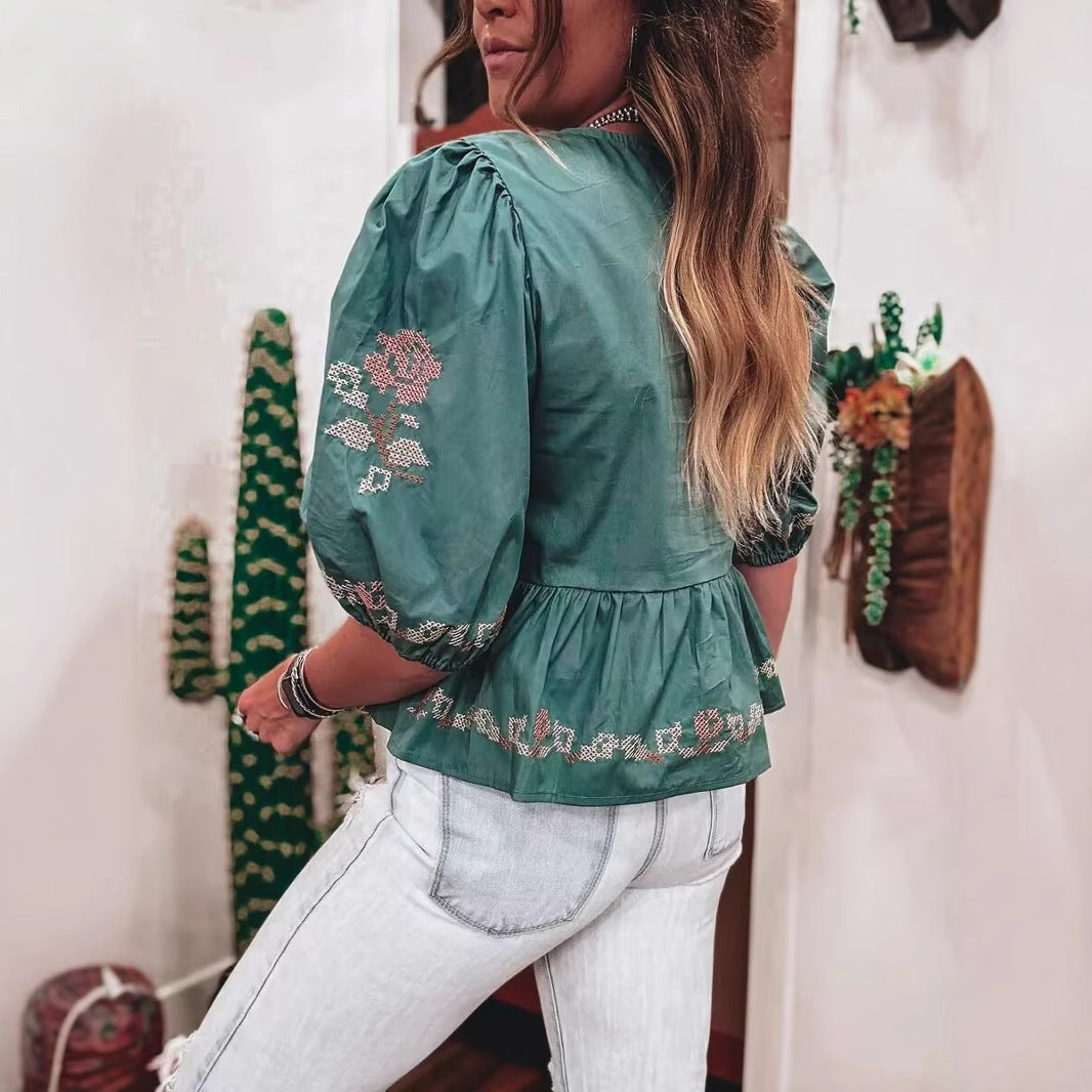 Women's Comfortable Russian Embroidered Short-sleeved Shirt Tops