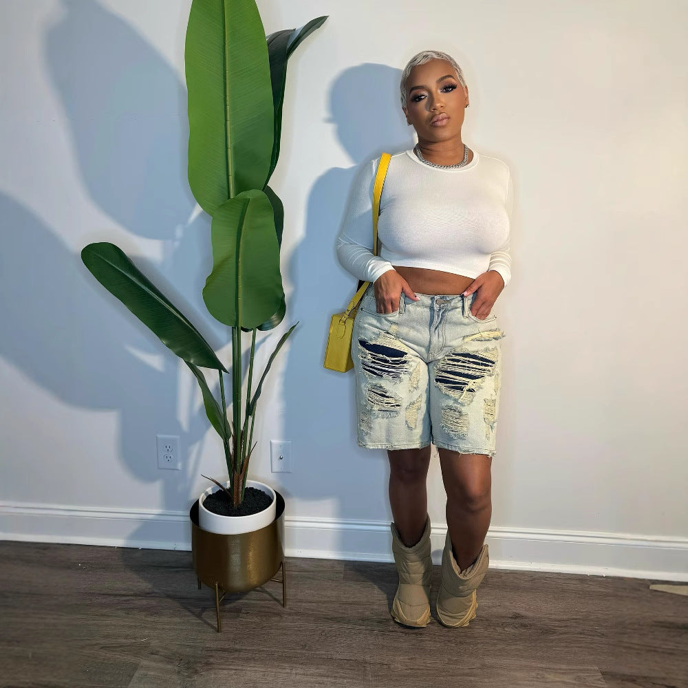 Women's Fashion Street Hipster Washed Worn Ripped Pants