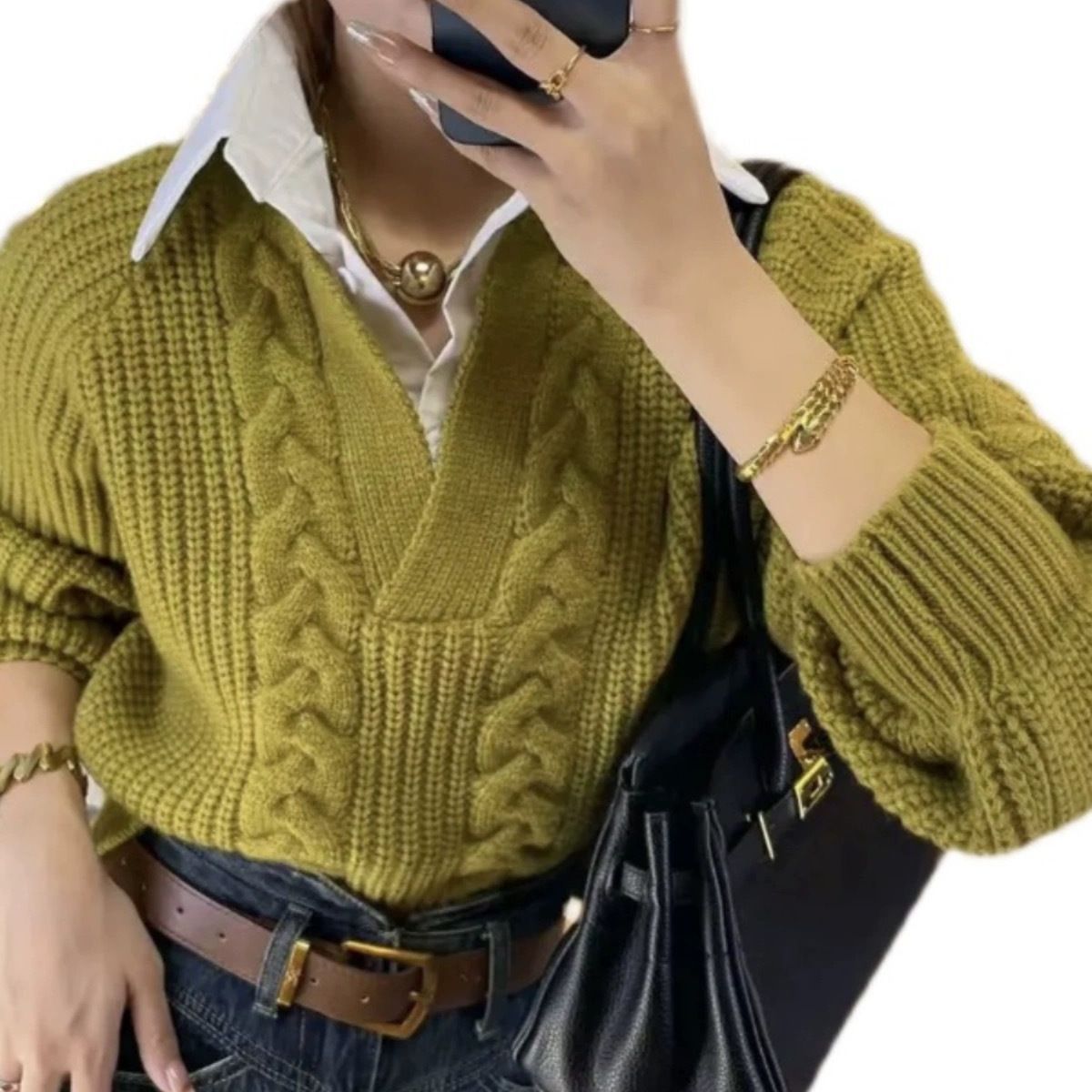 Women's Style Fake Two-piece Autumn Design Pullover Loose Slimming Sweater