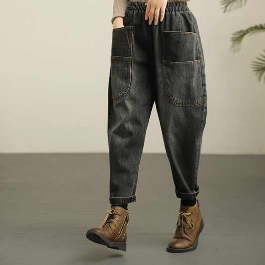 Women's Autumn Elastic Waist Harem Retro Distressed Jeans