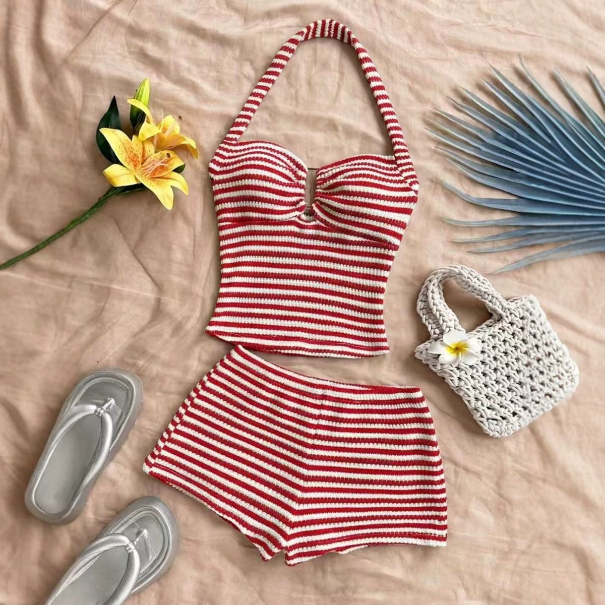 Women's Summer Vacation Striped Knitted Textured Fashion Casual Suit