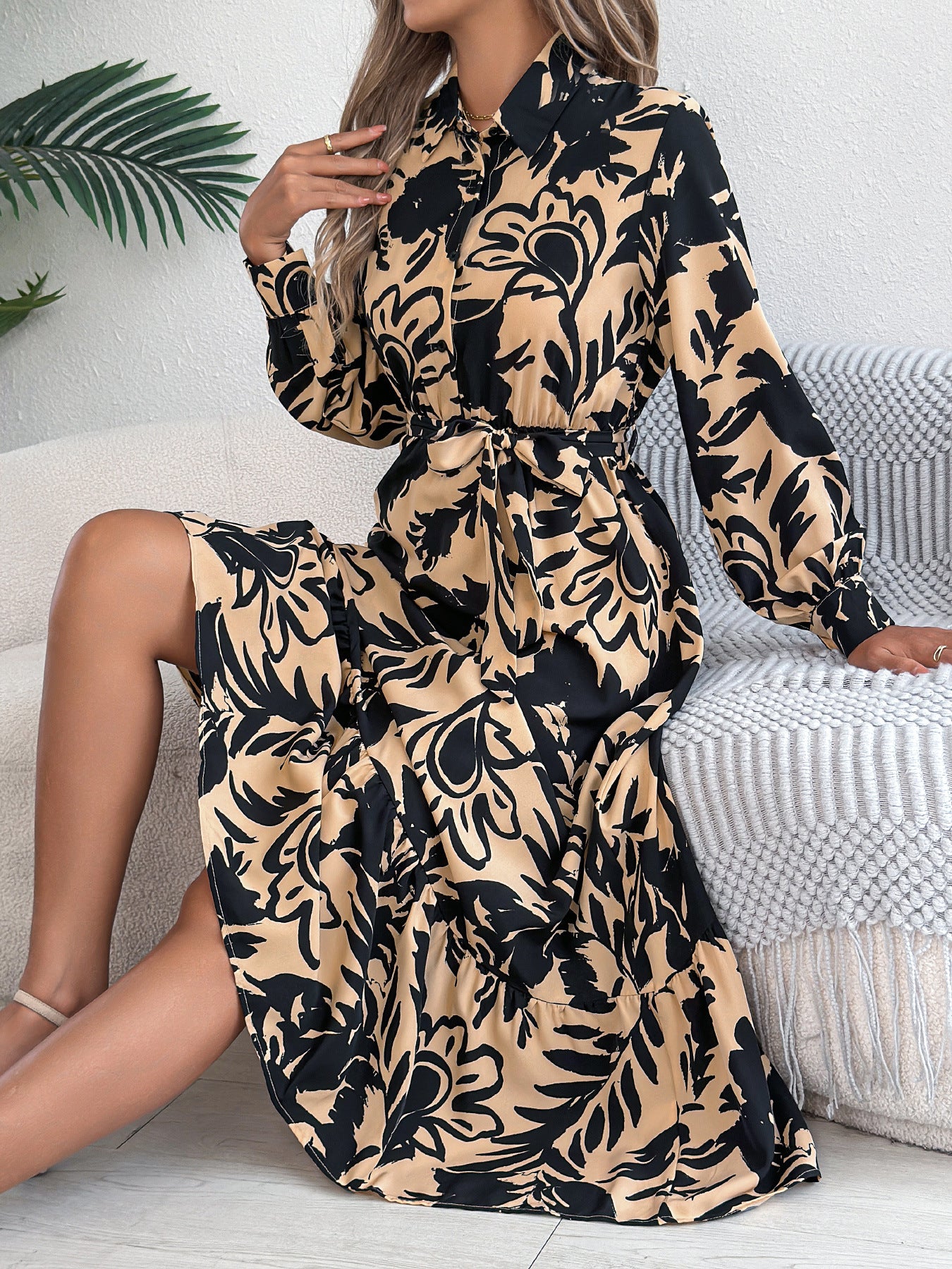 Women's Casual Flower Long Sleeve Shirt Ruffled Dress