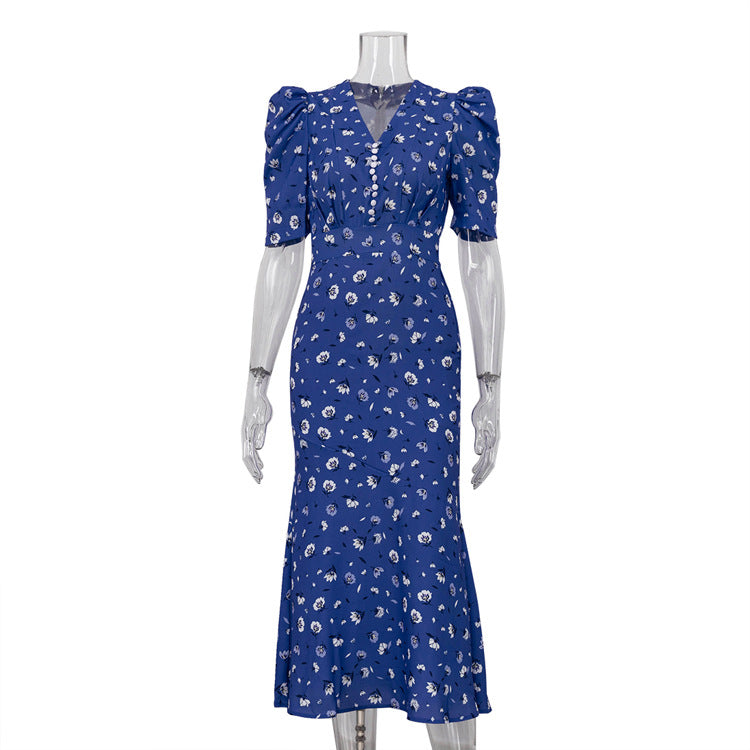 Women's French Style Temperament Short-sleeved Dress Pleated High Waist Dresses