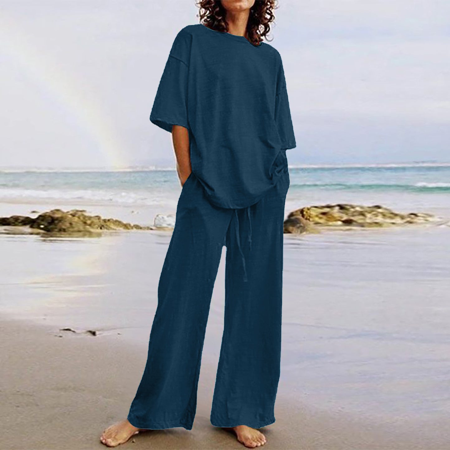 Women's Summer Casual Belt Pocket Half Sleeve Collar Suits