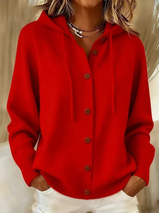 Women's Button Knitted Hooded Solid Color Casual Fashion Cardigans