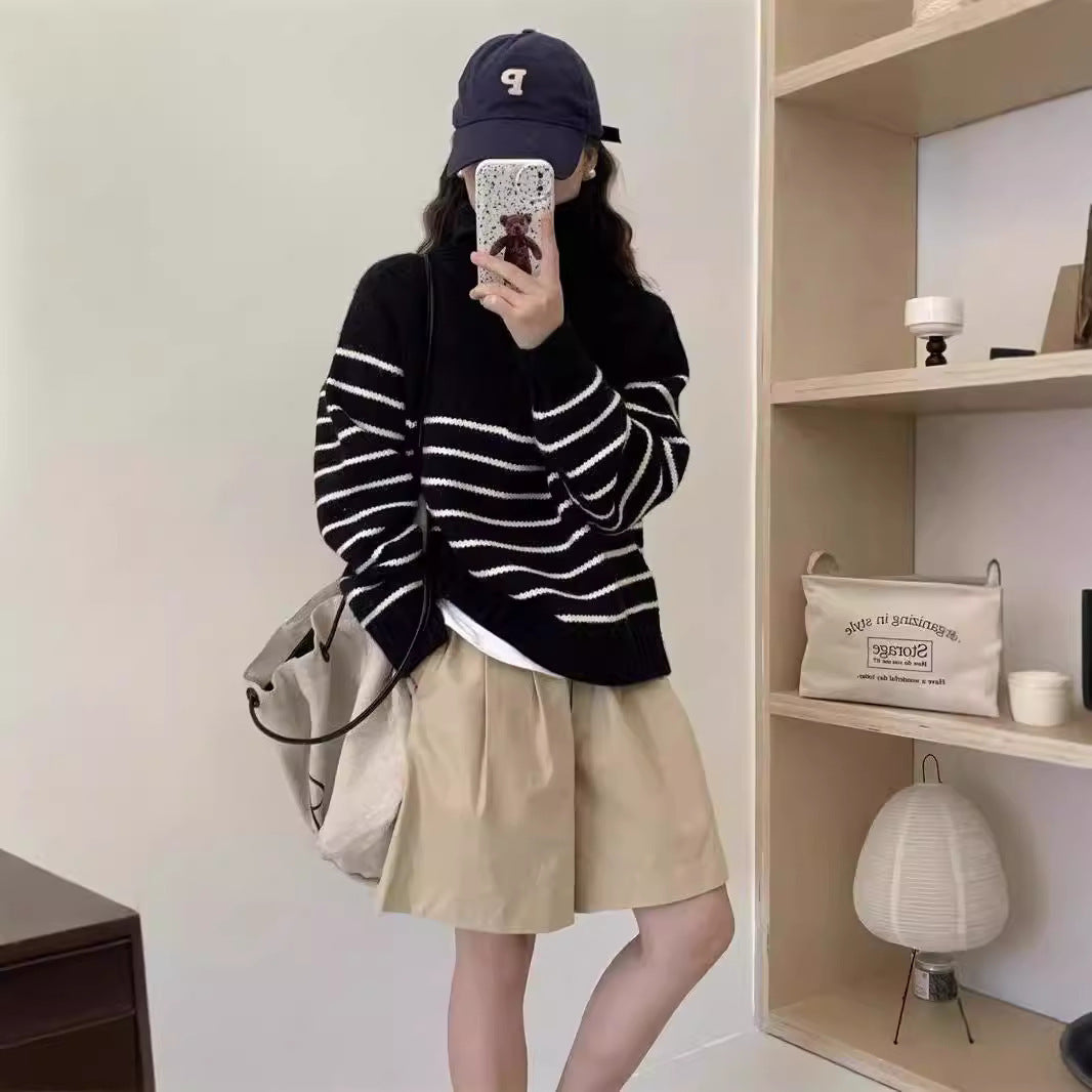 Women's Striped Half Zipper Pullover Korean Loose Lazy Sweater