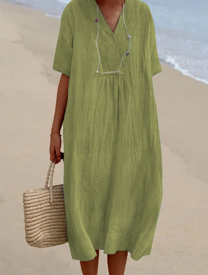 Women's Versatile Casual Solid Color Cotton Linen Dress