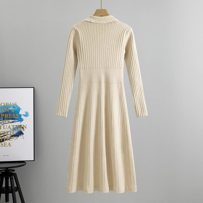 Women's French Style Classic Lapel Knitted Midi Spring Elegant Dress
