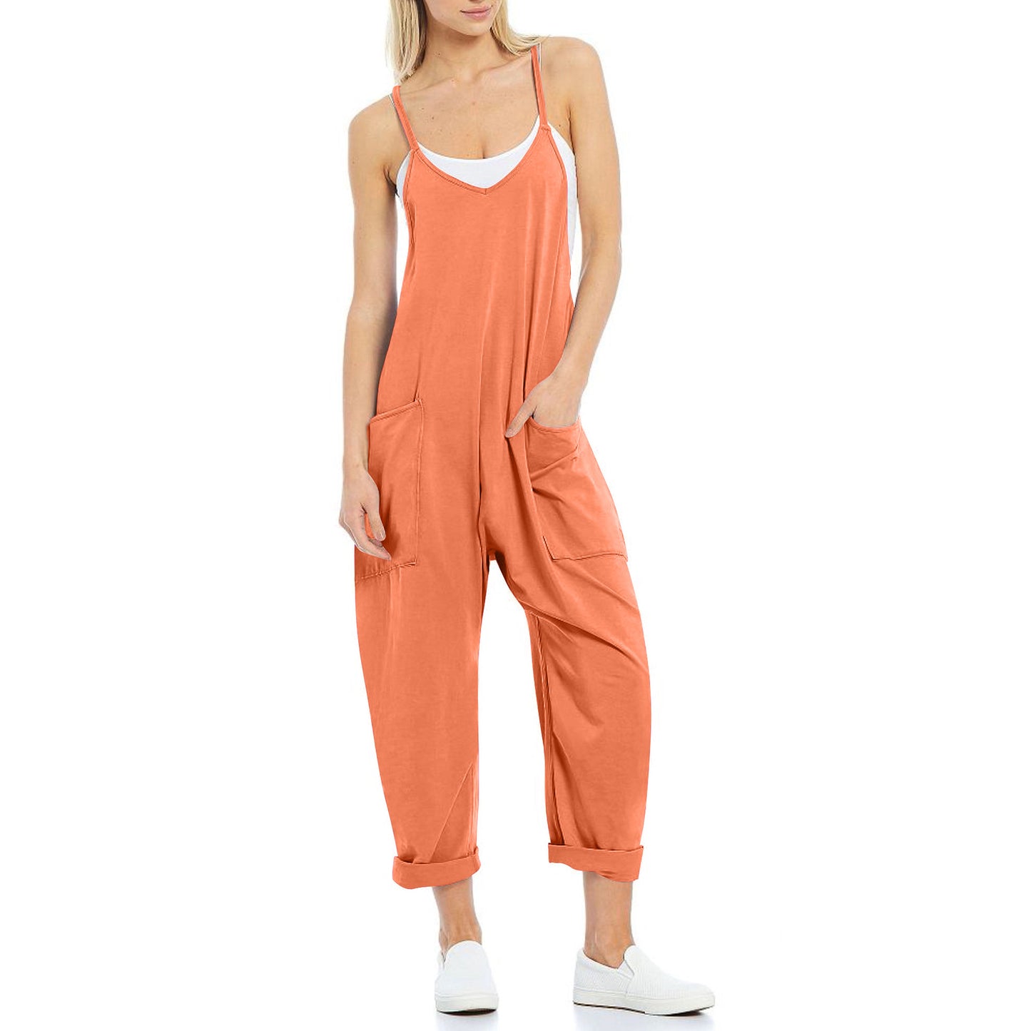 Women's Casual Pocket Spaghetti Straps Knitted One-piece Jumpsuits