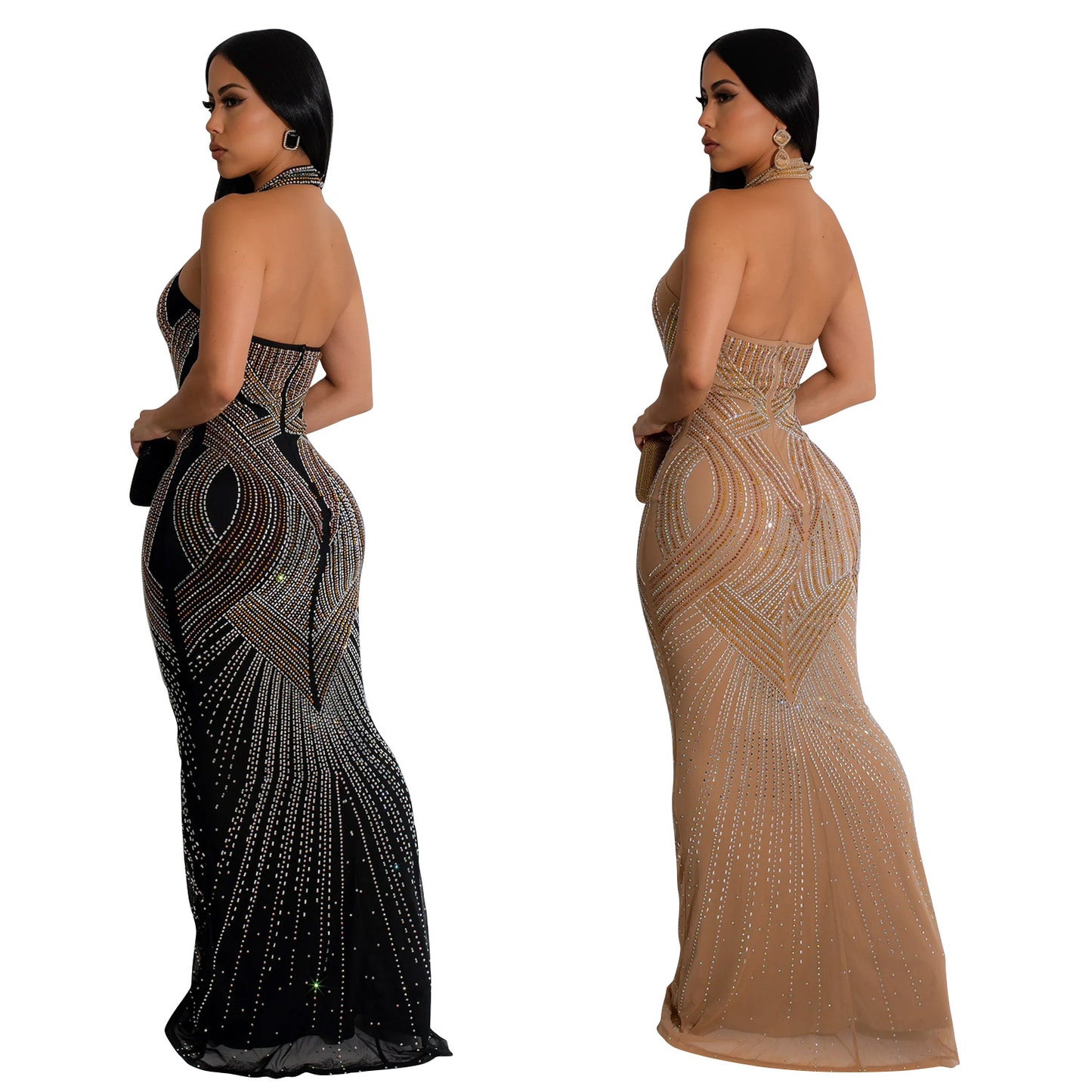 Women's Wear Pure Color Mesh Hot Rhinestone Dresses