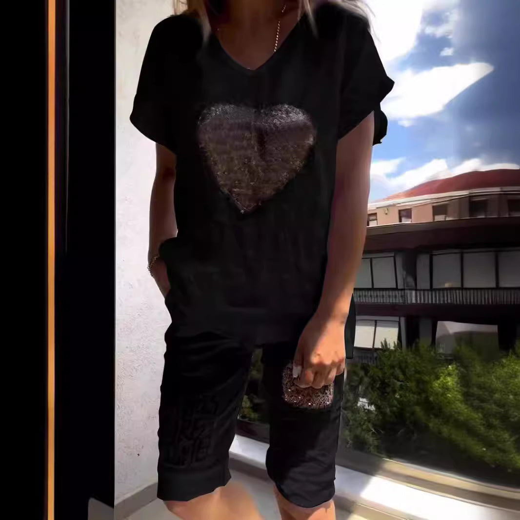 Women's Cotton Linen Loose Wear Heart-shaped Sequined Fashion Casual Suit