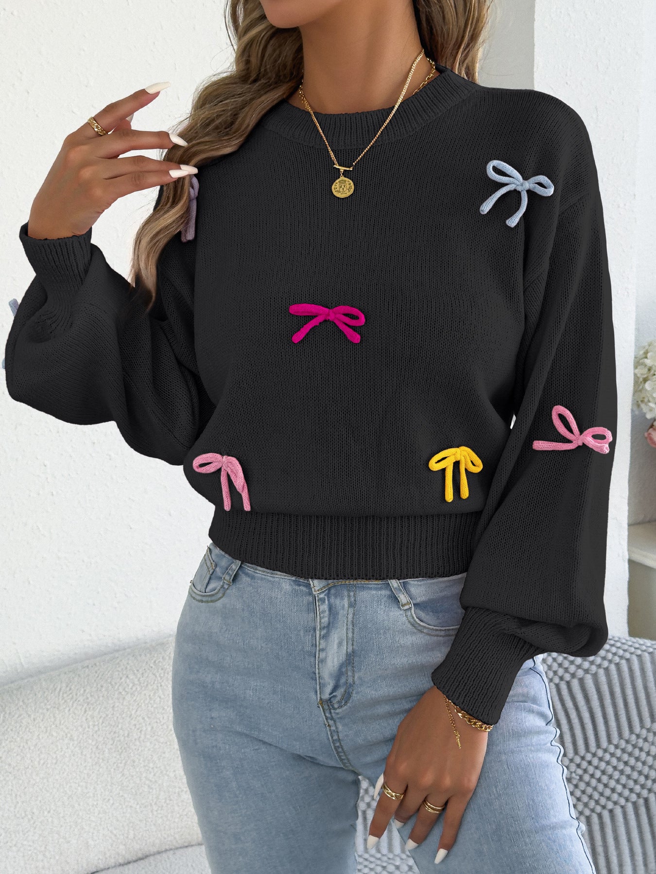 Women's Fashionable Color Bow Lantern Sleeve Fitted Sweater