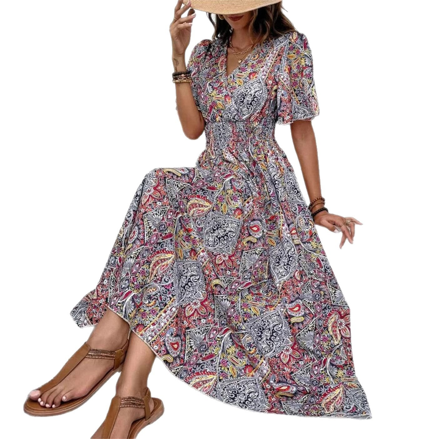 Women's Graceful Fashionable High Waist Bohemian Holiday Ethnic Dress
