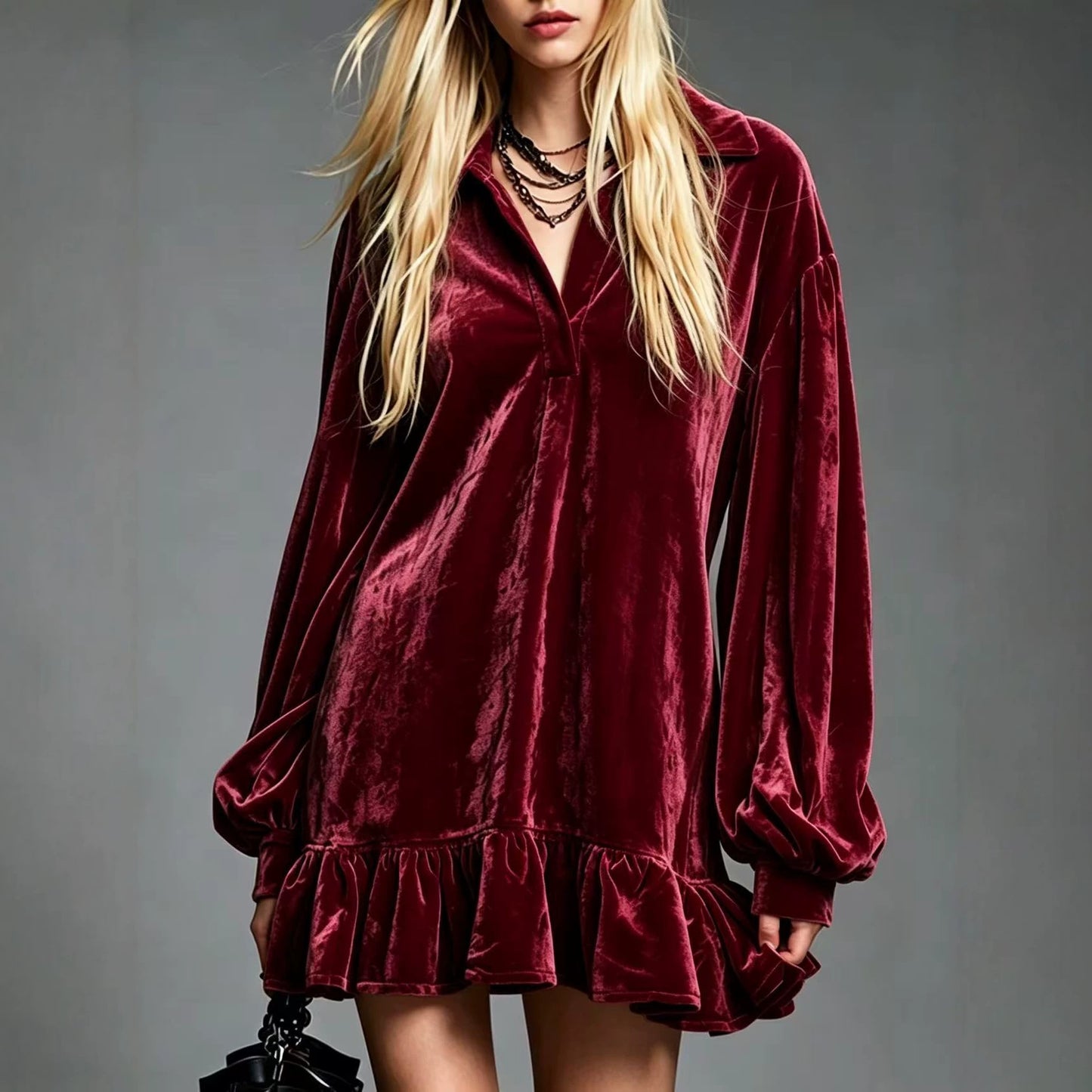 Women's Gentle Veet Lantern Sleeve Ruffled Lapel Dress