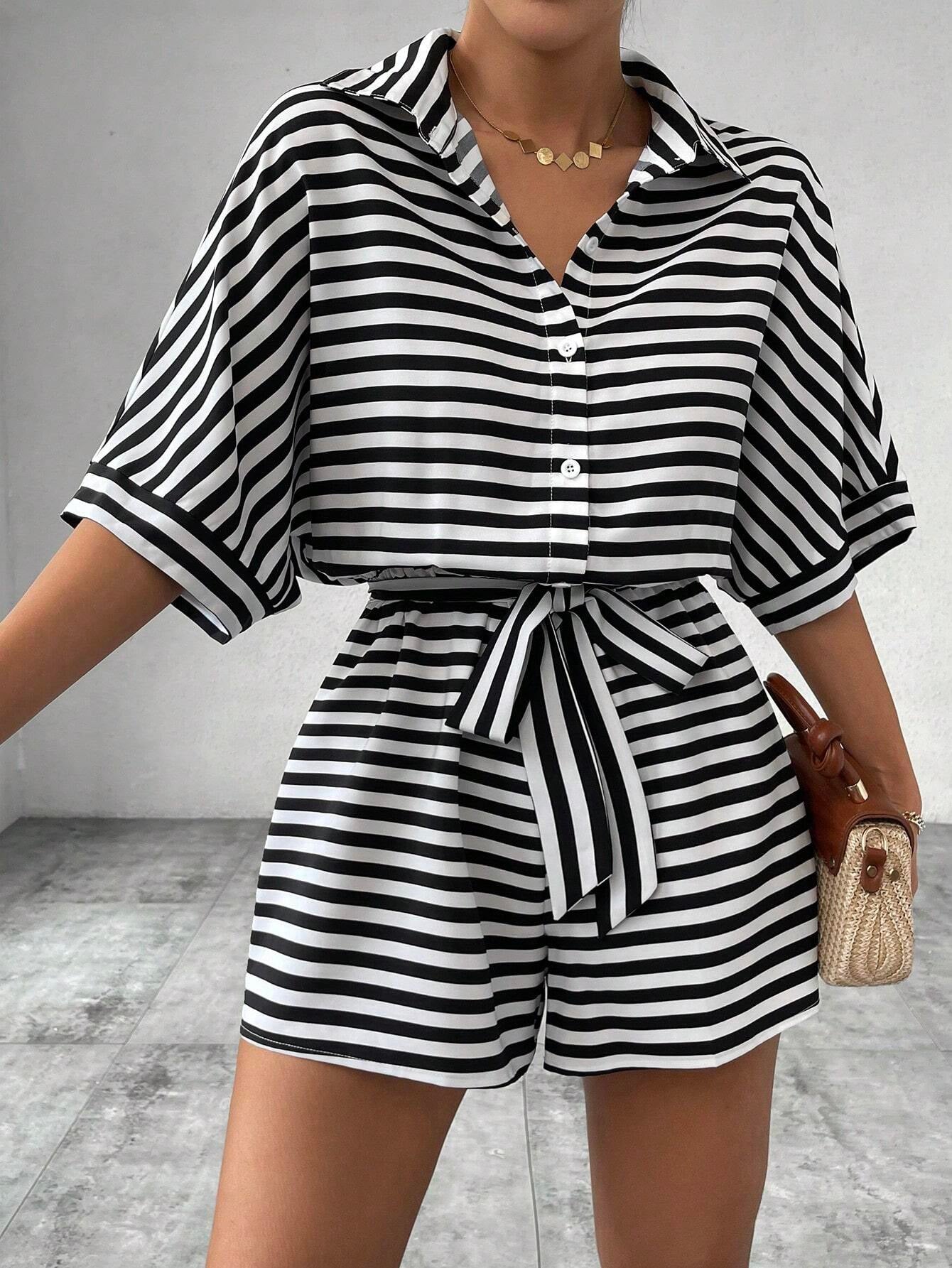 Women's Striped Lapel Button Half Sleeve Belt Jumpsuits