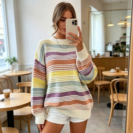 Women's Autumn Contrast Color Rainbow Pullover Retro Loose Clothing