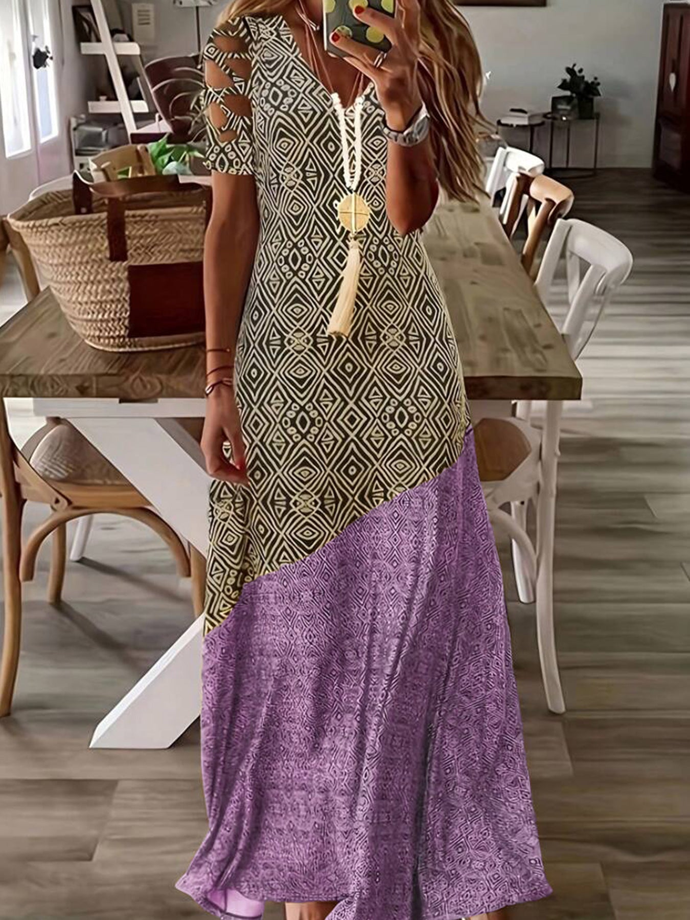 Women's Summer Hollow Casual Fashion Printing Long Dress