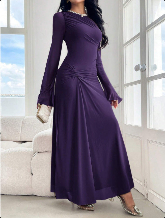 Flared Sleeves Tight Waist Pinch Pleated Slim Fit Solid Color Dress