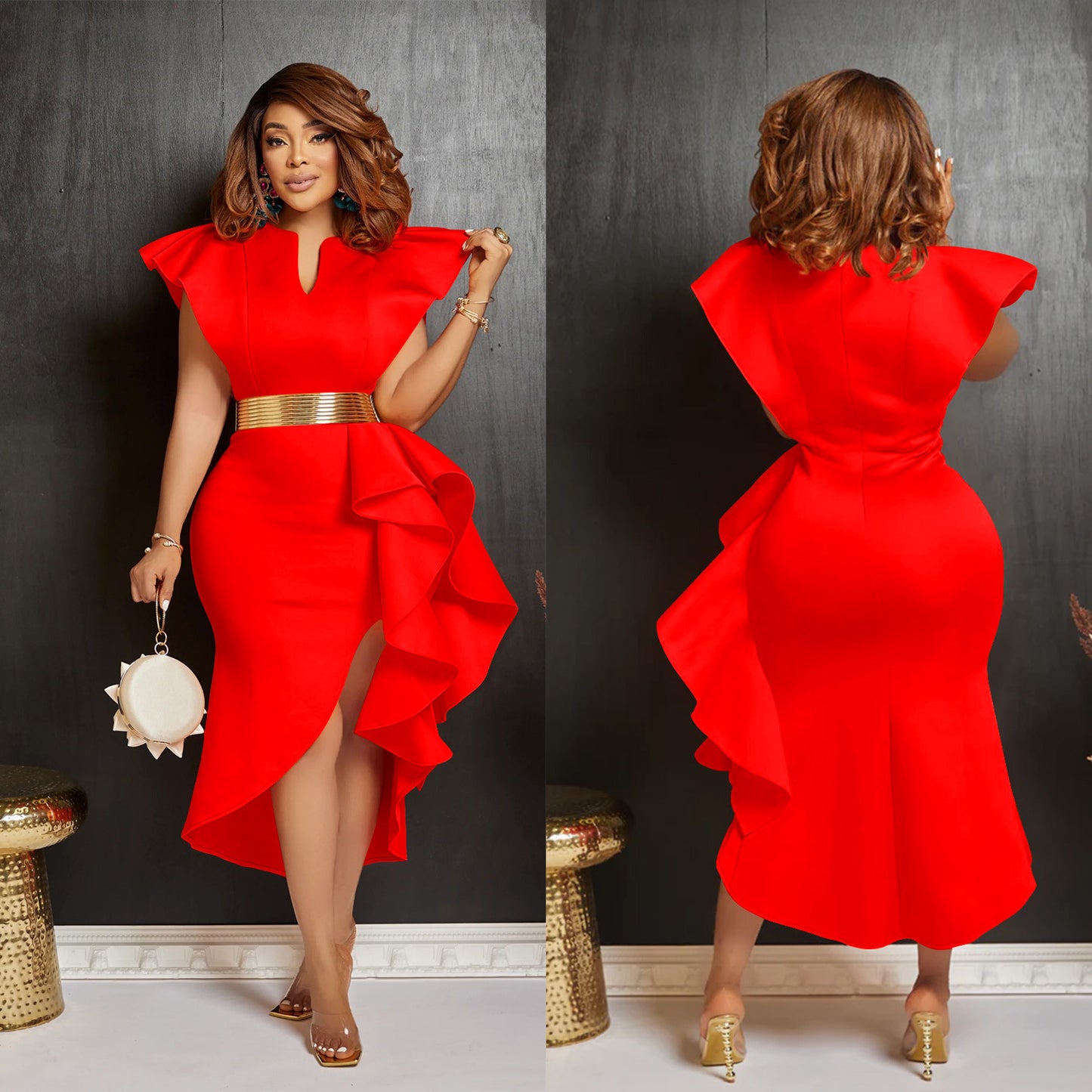 Women's Fashion Wear Solid Color Belt Ruffled Dresses