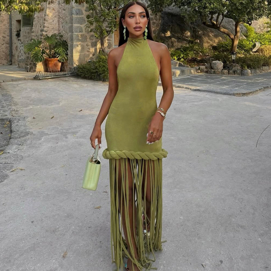 Women's Solid Color Tassel Design Sexy Halter Backless Slim Fit Dress