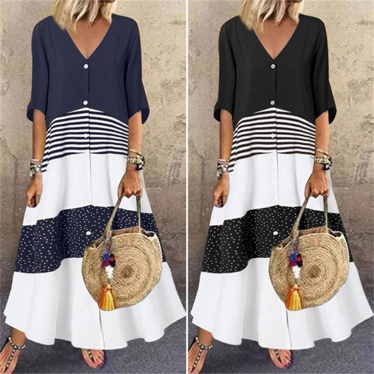 Summer Sleeve Printed Long Dress Button Dresses