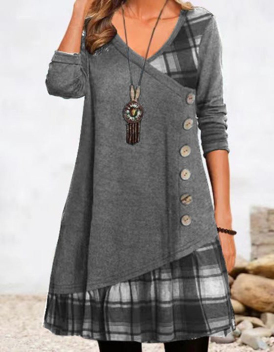 Women's Casual Patchwork Button Long Sleeve Dress