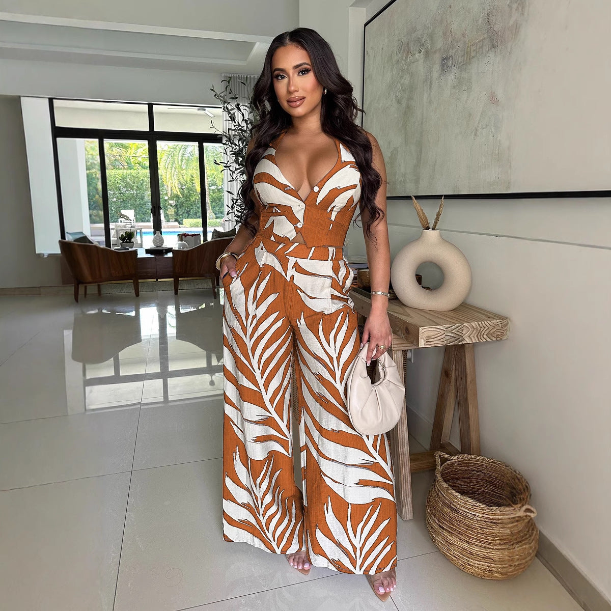 Women's Sexy Print Halter Smocking Wide Leg Suits