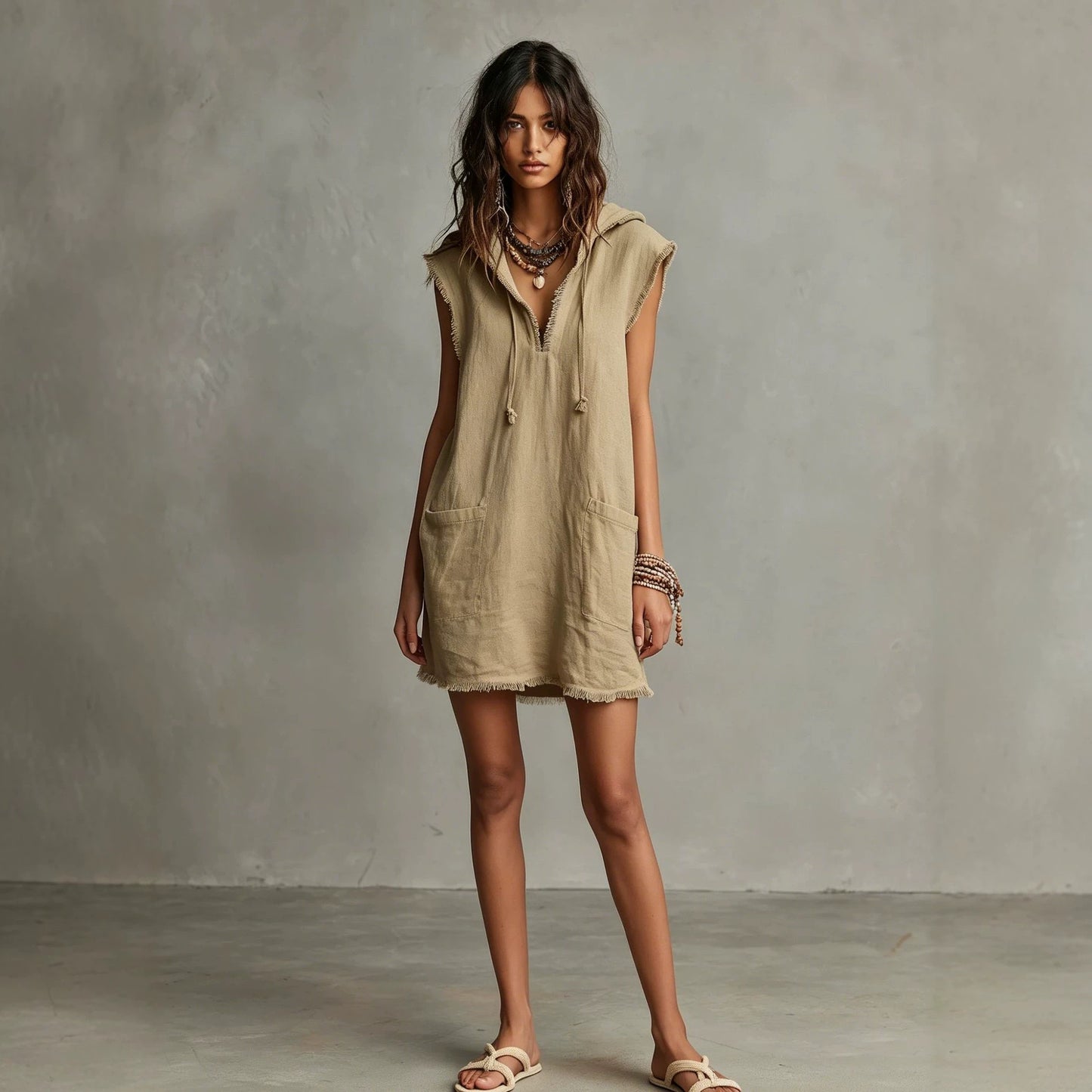 Women's Minimalist Linen Blended Mini Hooded Sleeveless Frayed Dress