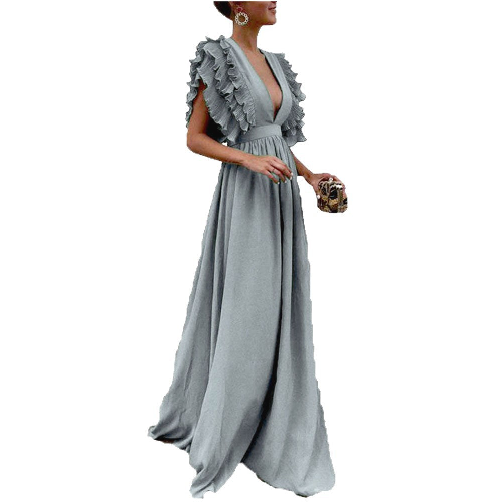 Women's Flying Sleeves Backless Solid Color Long Dress