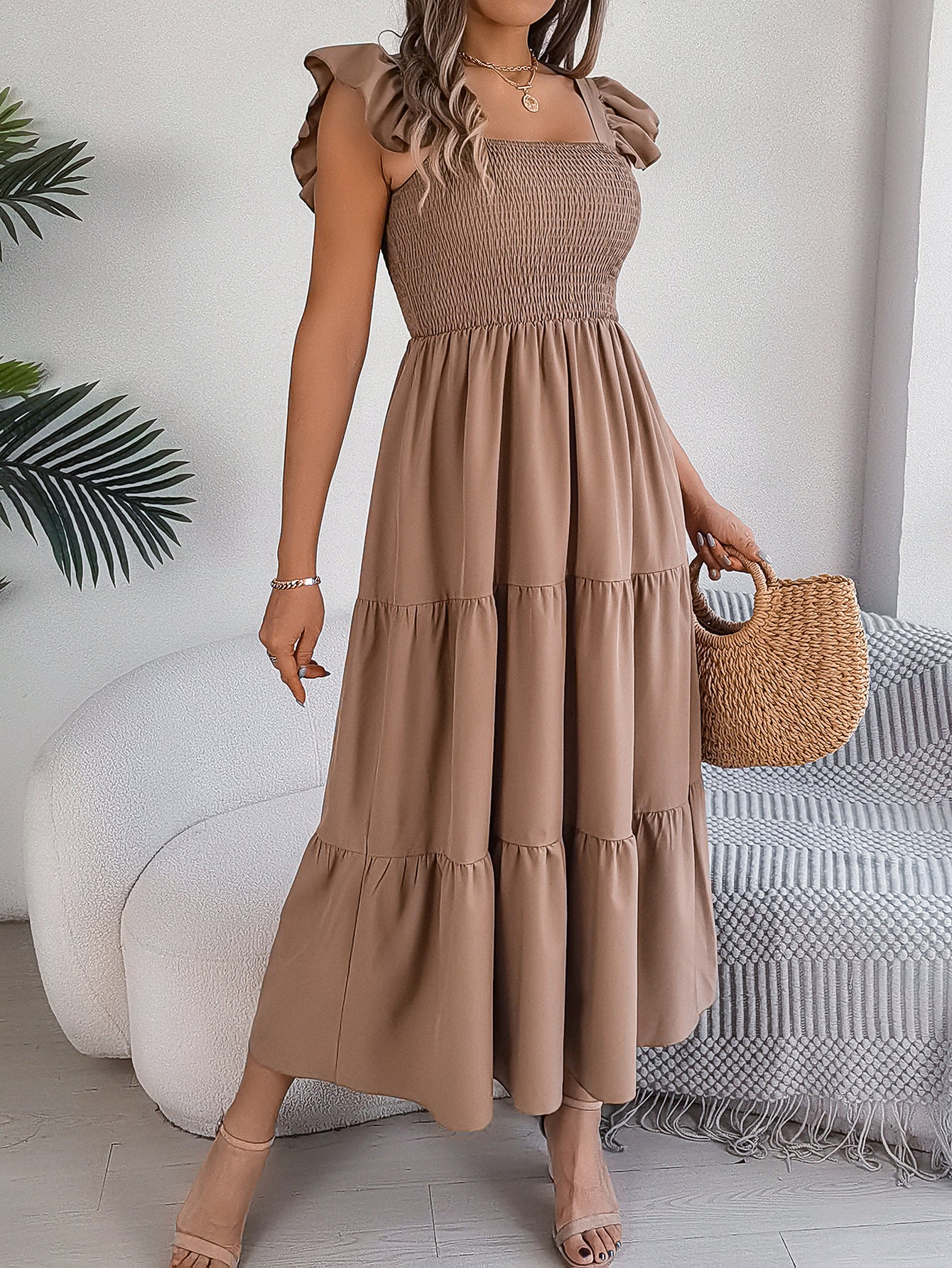 Women's Color Square Collar Wooden Ear Waist Dress