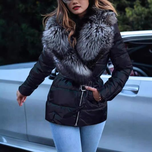 Women's Glossy Big Fur Collar Long Sleeve Cotton Coats