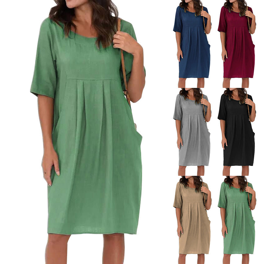 Women's Summer Cotton Linen Pleated Pocket Casual Loose Round Neck Dress